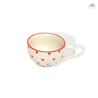 White Lovable Hearts Cappuccino Cup | Height 6 cm | Diameter 10.5 cm | Hand Painted |  Set of 1 | Ceramic Pottery | 350 ml | Ideal for Tea and Coffee - PotteryDen