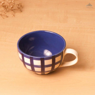 Blue Checks Cappuccino Coffee Cup | Height 6 cm | Diameter 10.5 cm |  Hand Painted |  Set of 1 | Ceramic Pottery | 350 ml | Ideal for Tea and Coffee - PotteryDen