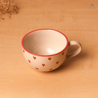 White Lovable Hearts Cappuccino Cup | Height 6 cm | Diameter 10.5 cm | Hand Painted |  Set of 1 | Ceramic Pottery | 350 ml | Ideal for Tea and Coffee - PotteryDen