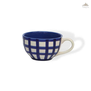 Blue Checks Cappuccino Coffee Cup | Height 6 cm | Diameter 10.5 cm |  Hand Painted |  Set of 1 | Ceramic Pottery | 350 ml | Ideal for Tea and Coffee - PotteryDen