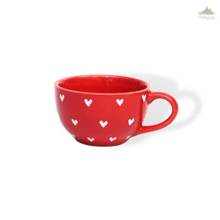 Red Lovable Hearts Cappuccino Cup | Height 6 cm | Diameter 10.5 cm | Hand Painted |    Set of 1 | Ceramic Pottery | 350 ml | Ideal for Tea and Coffee - PotteryDen