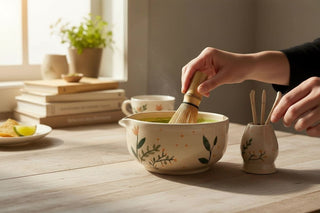 Person using a whisk to mix matcha in a ceramic bowl on a wooden table.