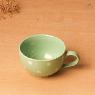 Pastel Green Polka Dots Coffee Cup | Height 6 cm | Diameter 10.5 cm | Hand Painted |    Set of 1 | Ceramic Pottery | 350 ml | Ideal for Tea and Coffee - PotteryDen