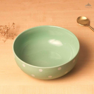 Pastel Green Polka Dots Serving Bowl | Height 7.5 cm | Diameter 19 cm | Hand Painted |  Set of 1 | Ceramic Pottery | Ideal for serving food items - PotteryDen