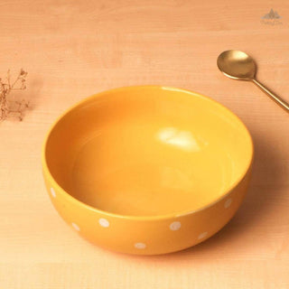 Pastel Yellow Polka Dots Serving Bowl| Height 7.5 cm | Diameter 19 cm | Hand Painted |  Set of 1 | Ceramic Pottery | Ideal for serving food items - PotteryDen