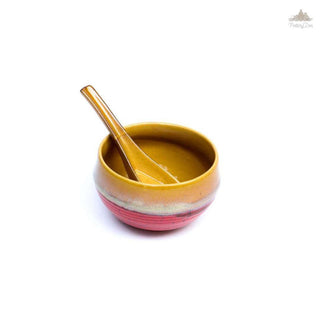 Red & Mustard Soup Bowl With Spoon | Height 6 cm | Diameter 10 cm | Hand Painted |  Set of 1 | Ceramic Pottery | Ideal for soup serving - PotteryDen