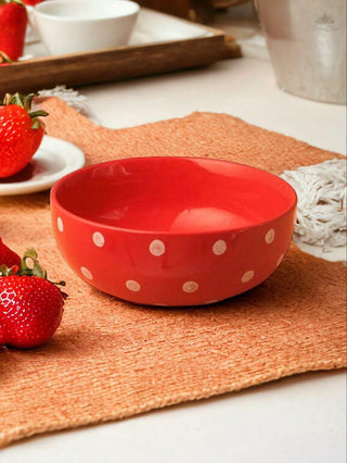 Red Polka Dots Cereal Bowl| Height 5 cm | Diameter 14 cm | Hand Painted |  Set of 1 | Ceramic Pottery | Ideal for serving cereal or any food items - PotteryDen