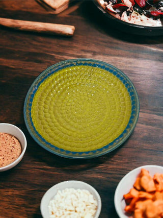 Rustic Yellow & Green Thumbprint Bowl | Height 5 cm | Diameter 24.5 cm | Hand Painted |  Set of 1 | Ceramic Pottery | Ideal for serving food items - PotteryDen