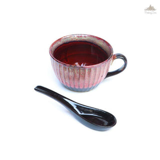 Shaded Maroon Soup Cup With Spoon | Height 7 cm | Diameter 11 cm | Hand Painted |  Set of 1 | Ceramic Pottery | Ideal for soup serving - PotteryDen