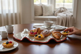Table with pastries and a cup of coffee in a cozy room.